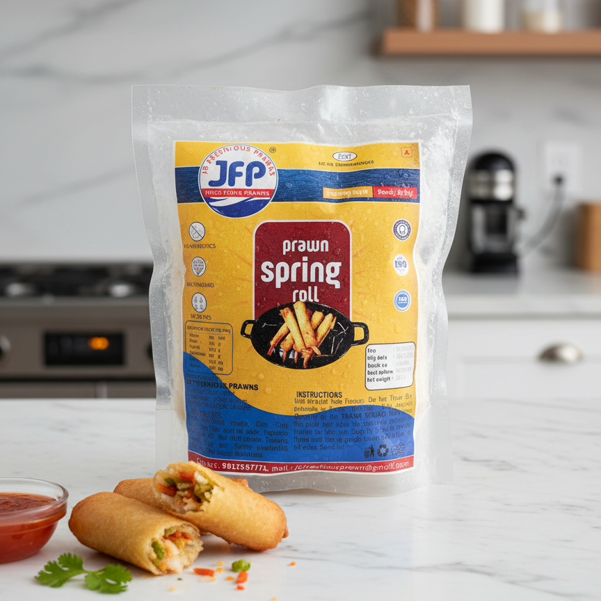 Professional product shot of a frozen Prawn Spring Rolls packet (JFP brand) for a ready-to-fry seafood appetizer