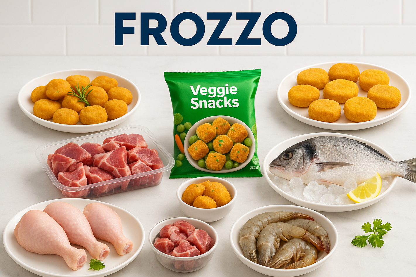 background poster of At Frozzo, we bring you fresh, hygienic, ready-to-cook foods — from chicken, mutton, and seafood to frozen veg snacks, nuggets, and marinated meats.